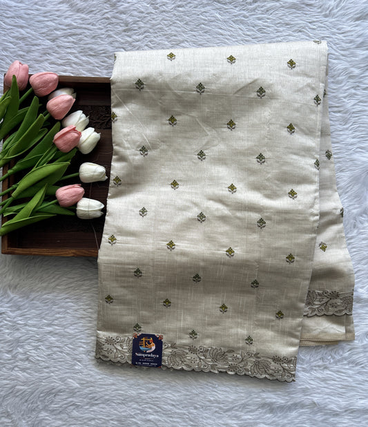Semi Tussar Saree Off White Colored complemented with a Embroidery Border. - Sampradaya Designer Studio