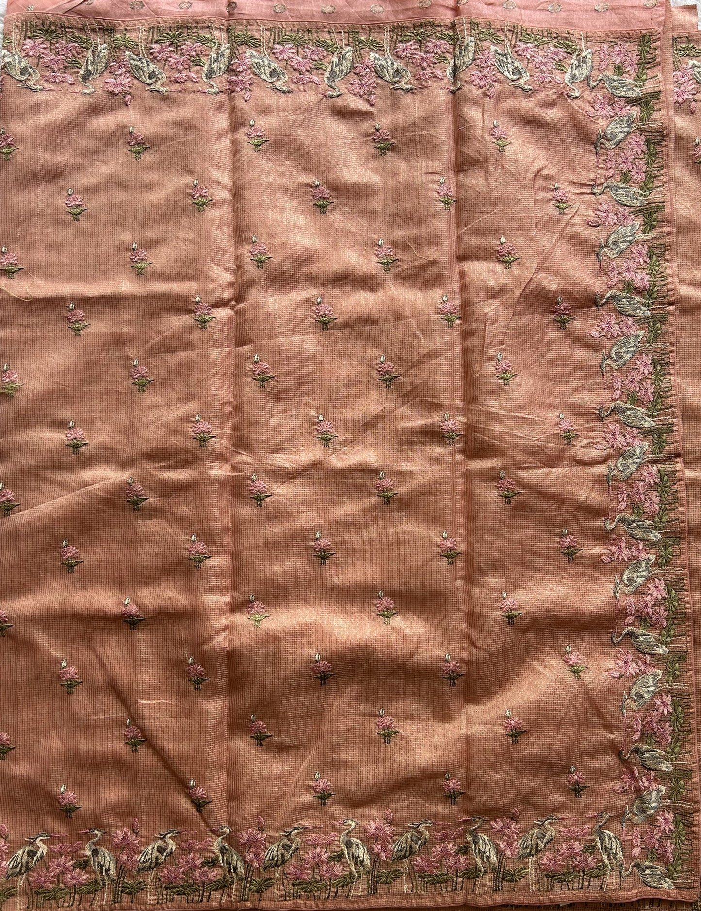 Maheshwari Chanderi Cotton Checks Saree Peach Colored Complemented with a Machine Embroidered And Gold Zari Border. - Sampradaya Designer Studio