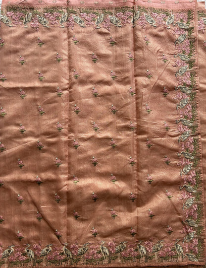 Maheshwari Chanderi Cotton Checks Saree Peach Colored Complemented with a Machine Embroidered And Gold Zari Border. - Sampradaya Designer Studio