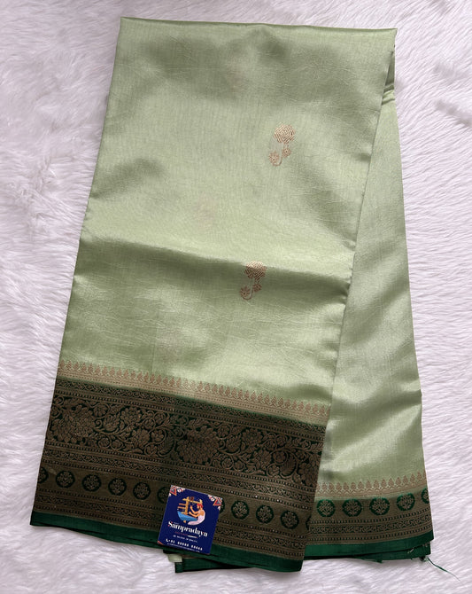 Raw Mango or Pooniya Silk Saree Pista Green Colored Complemented With Green Color Gold Zari Border - Sampradaya Designer Studio