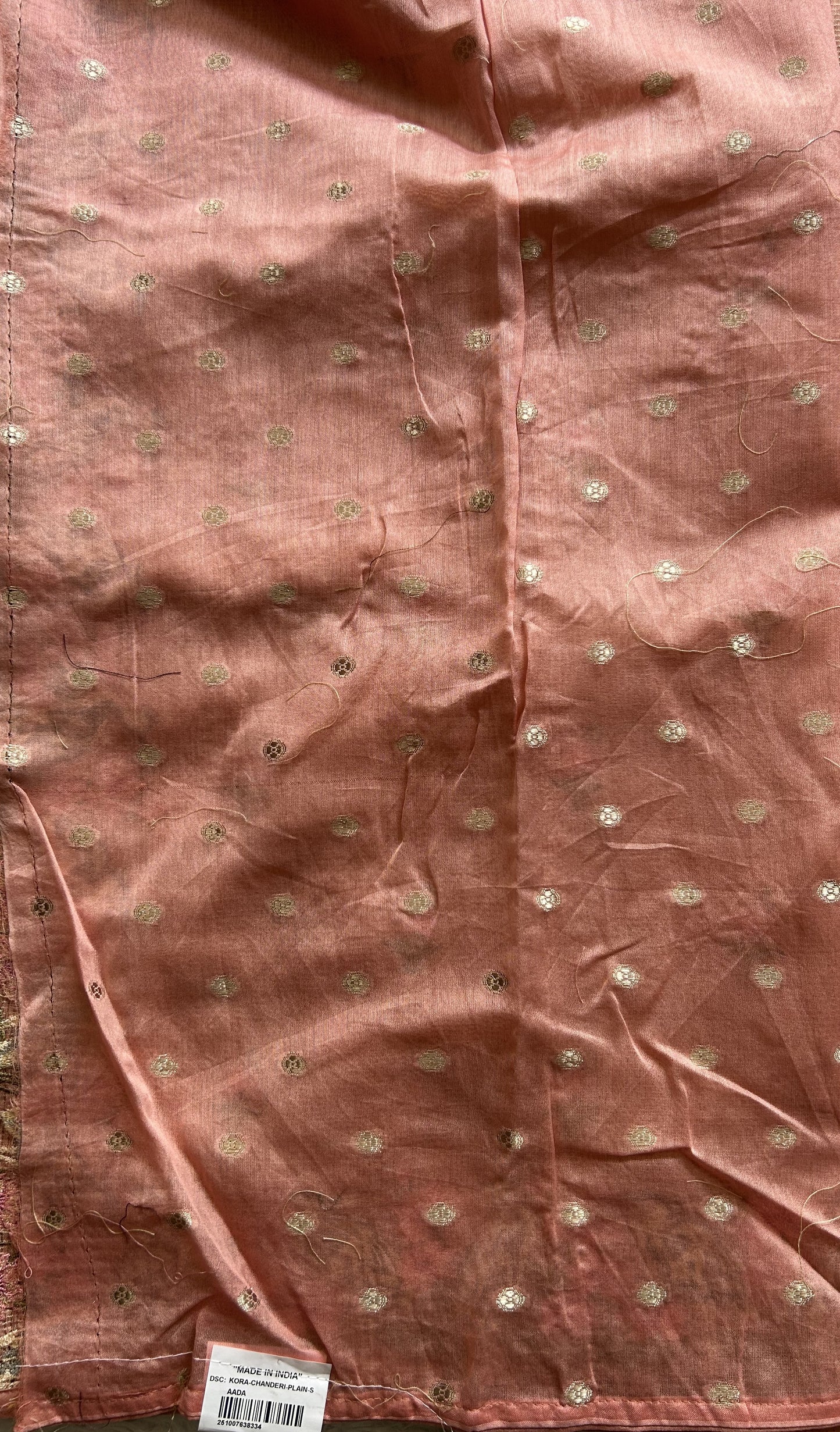 Maheshwari Chanderi Cotton Checks Saree Peach Colored Complemented with a Machine Embroidered And Gold Zari Border. - Sampradaya Designer Studio