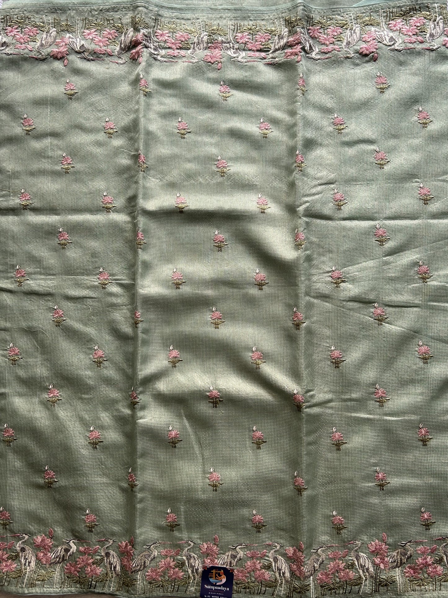 Maheshwari Chanderi Cotton Checks Saree Pista Green Colored Complemented with a Machine Embroidered And Gold Zari Border. - Sampradaya Designer Studio