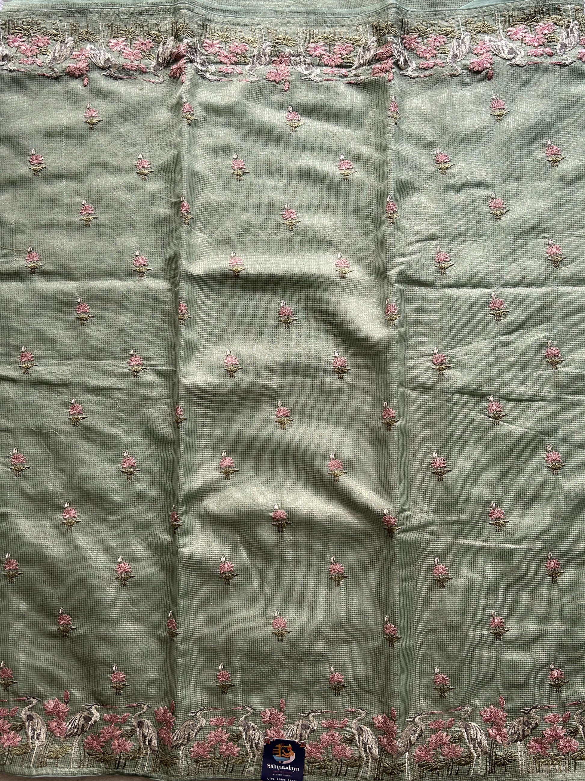 Maheshwari Chanderi Cotton Checks Saree Pista Green Colored Complemented with a Machine Embroidered And Gold Zari Border. - Sampradaya Designer Studio