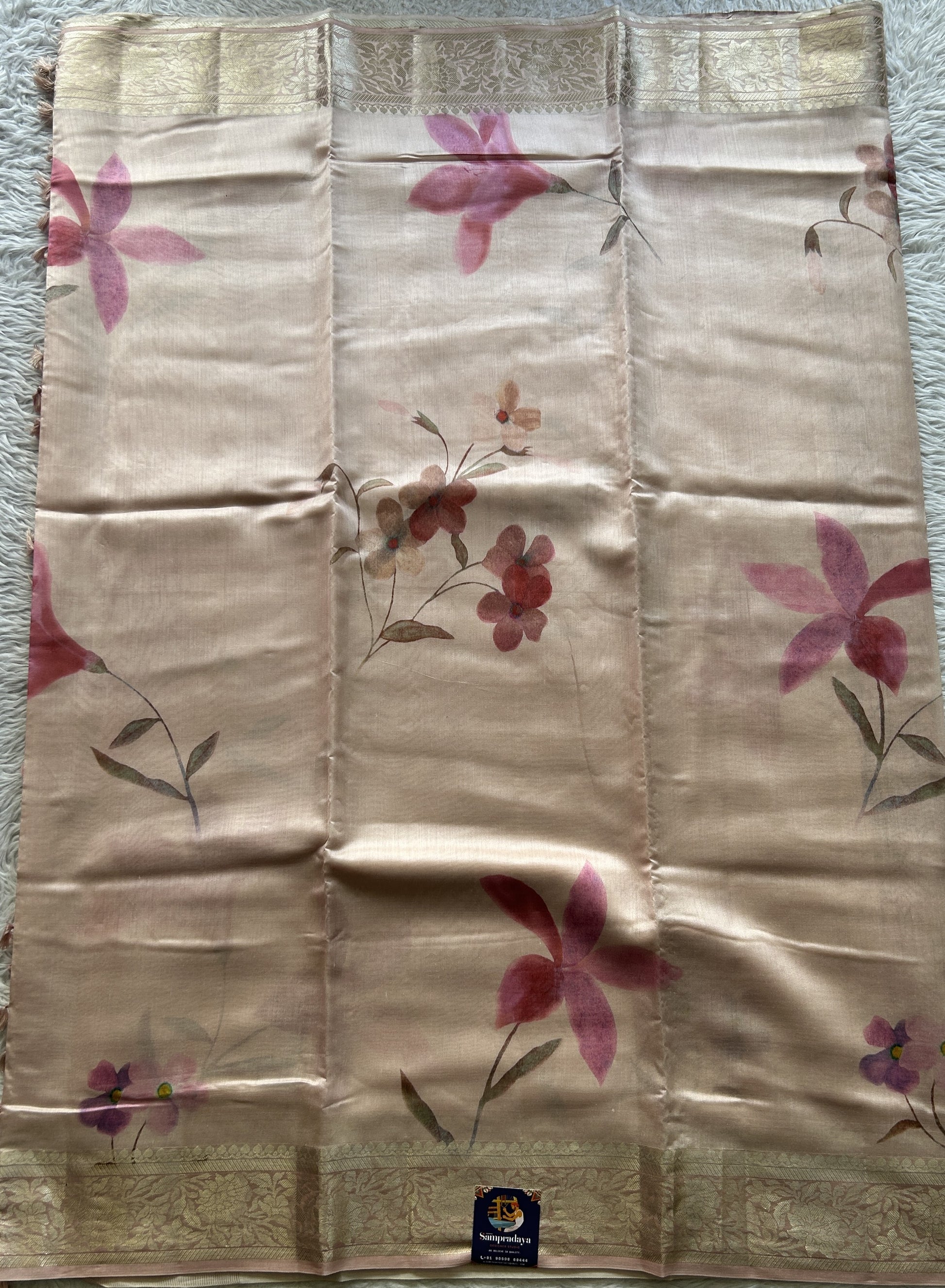 Chiniya Silk Saree Toffee Peach Colored Elegantly Paired with a Zari Border. - Sampradaya Designer Studio