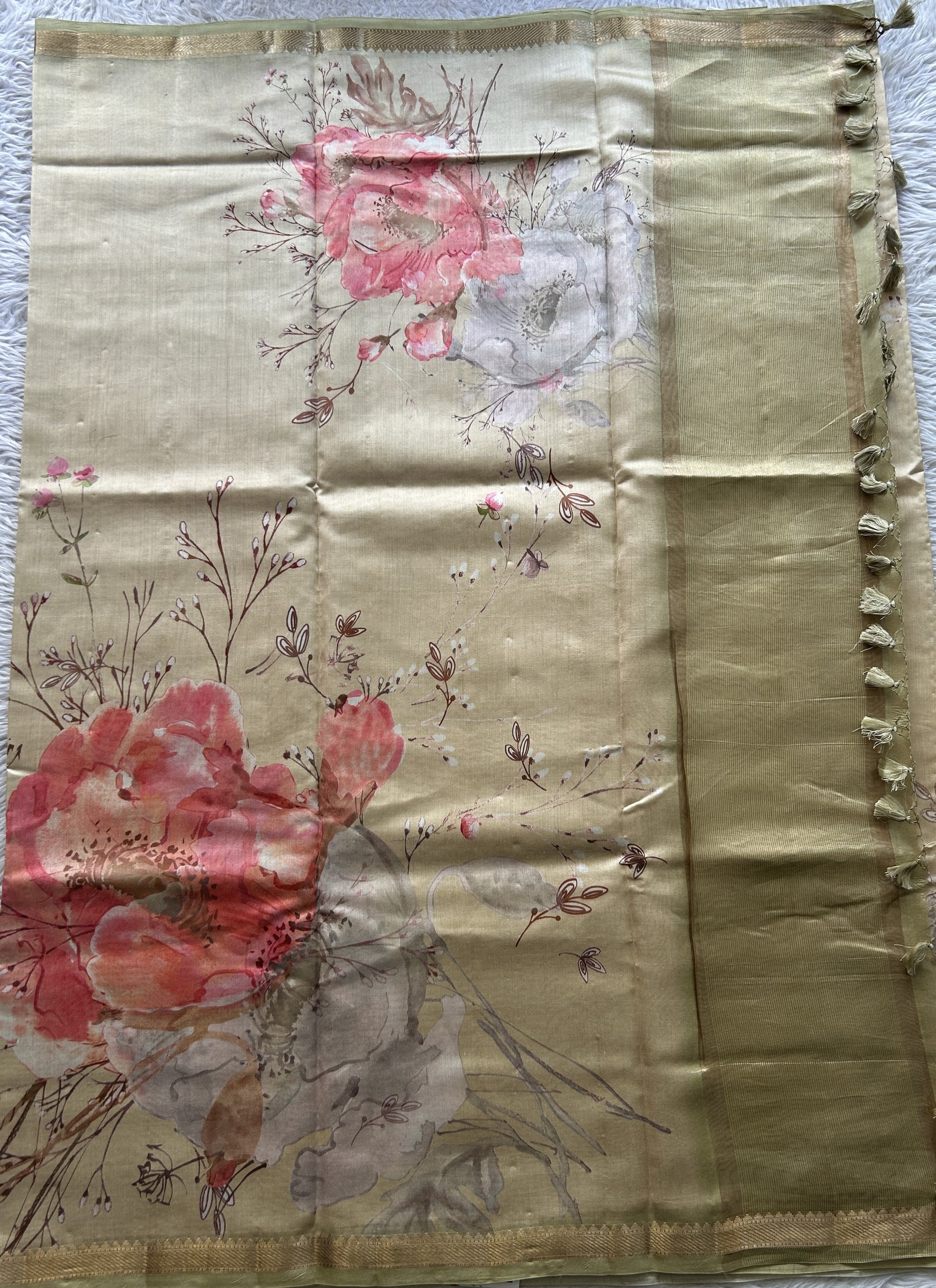 Chiniya Silk Saree Cream Colored Elegantly Paired with a Zari Border. - Sampradaya Designer Studio