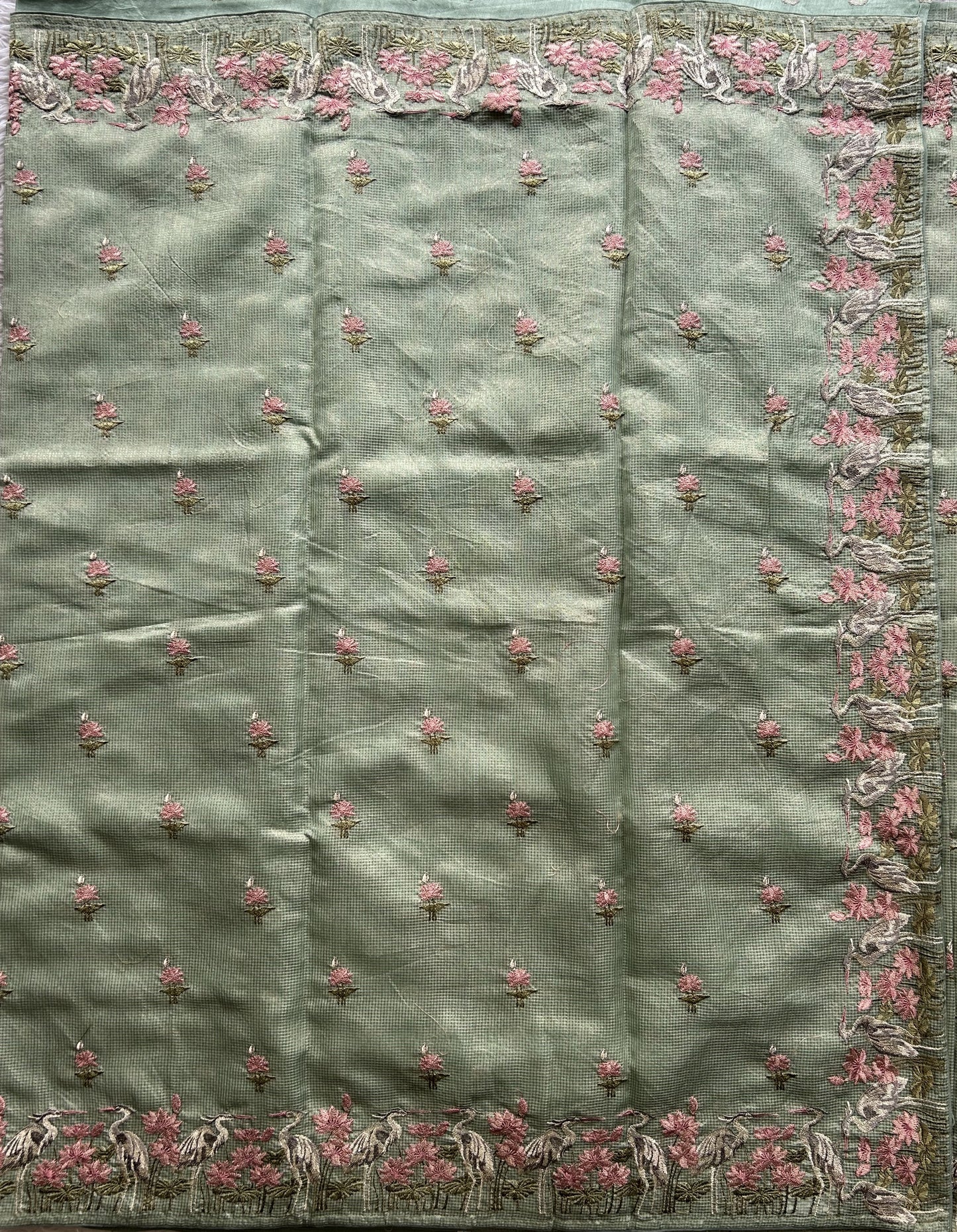 Maheshwari Chanderi Cotton Checks Saree Pista Green Colored Complemented with a Machine Embroidered And Gold Zari Border. - Sampradaya Designer Studio