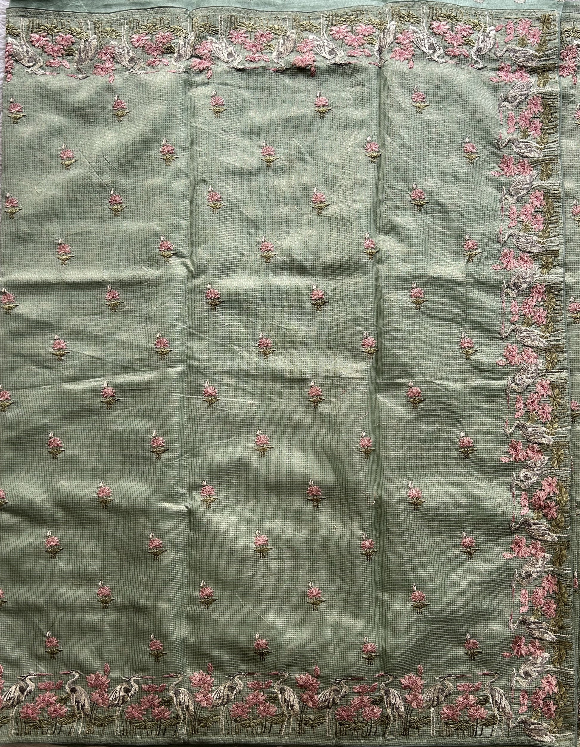 Maheshwari Chanderi Cotton Checks Saree Pista Green Colored Complemented with a Machine Embroidered And Gold Zari Border. - Sampradaya Designer Studio