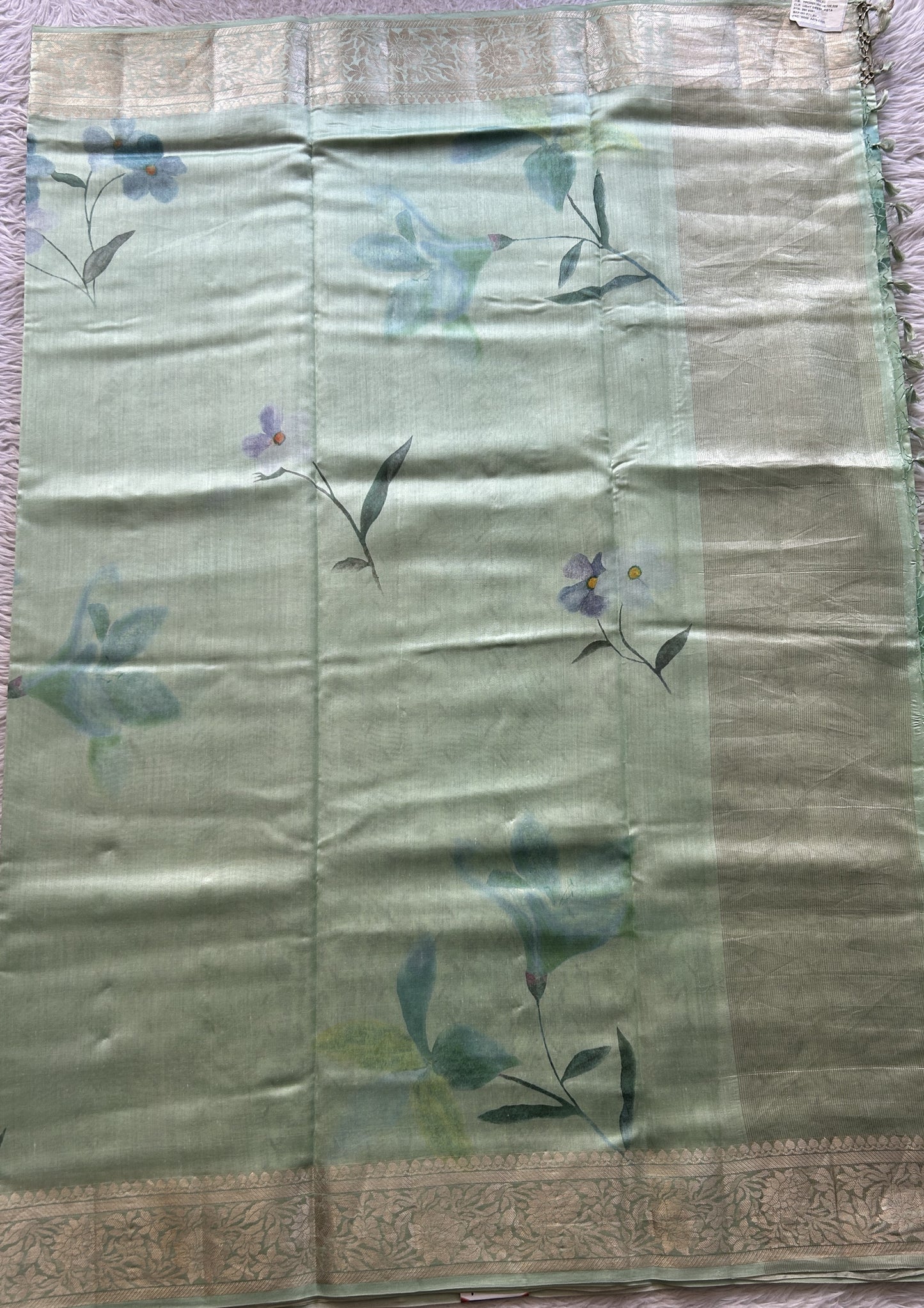 Chiniya Silk Saree Aqua Green Colored Elegantly Paired with a Zari Border. - Sampradaya Designer Studio