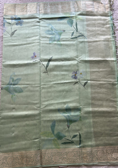 Chiniya Silk Saree Aqua Green Colored Elegantly Paired with a Zari Border. - Sampradaya Designer Studio