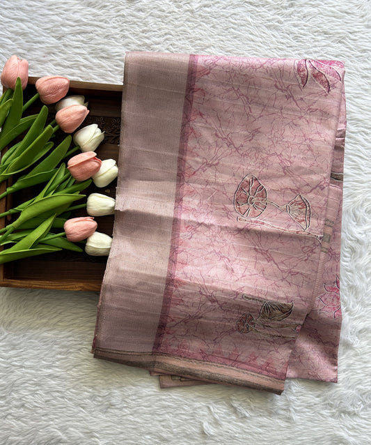 Semi Tussar Saree Baby Pink Colored complemented with a Zari Border. - Sampradaya Designer Studio