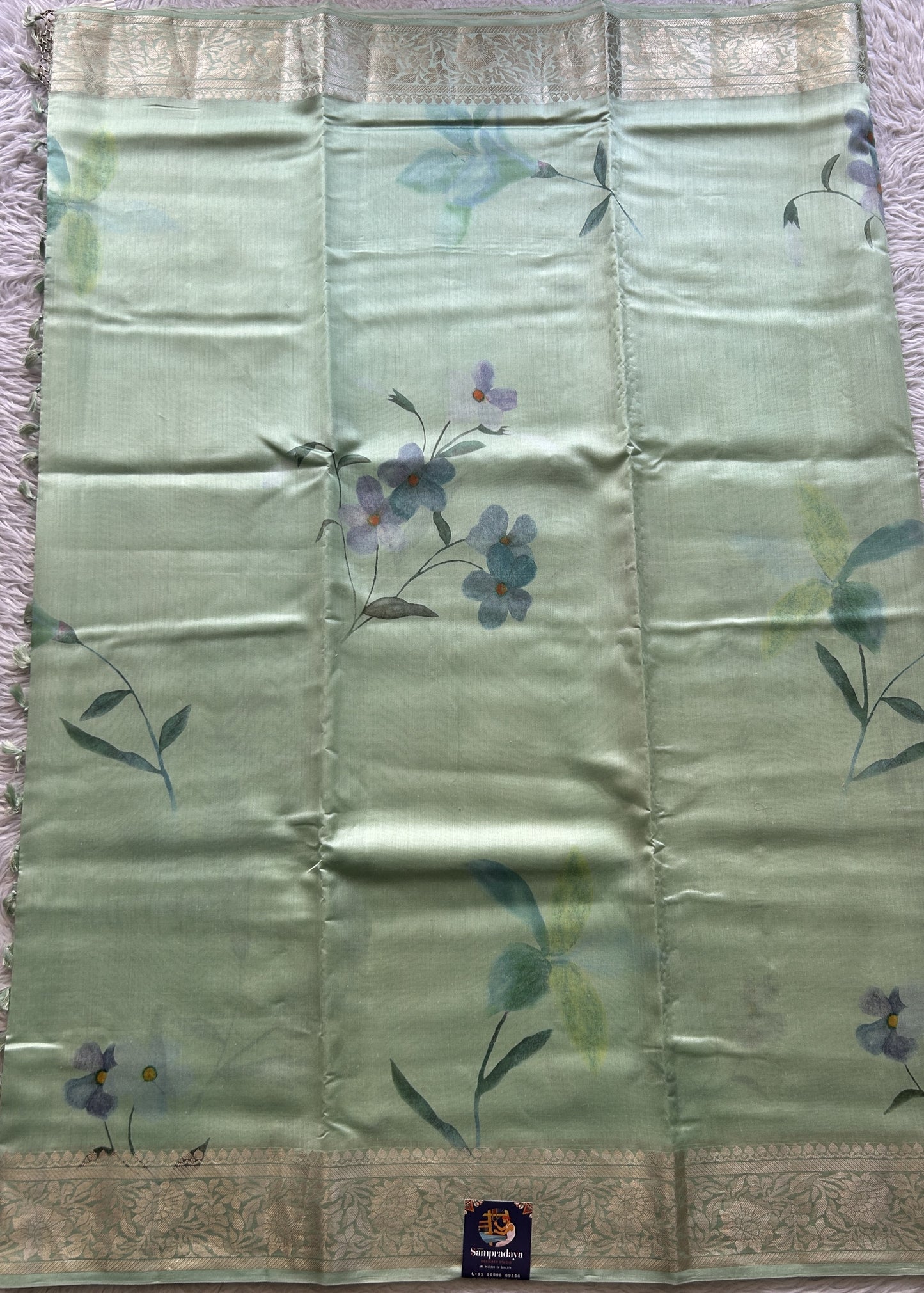 Chiniya Silk Saree Aqua Green Colored Elegantly Paired with a Zari Border. - Sampradaya Designer Studio