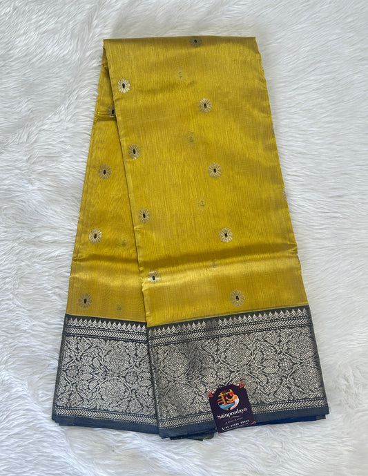 Chanderi Pattu Saree Mustard Yellow colored saree complemented with Teal Blue Color Kanchi border - Sampradaya Designer Studio