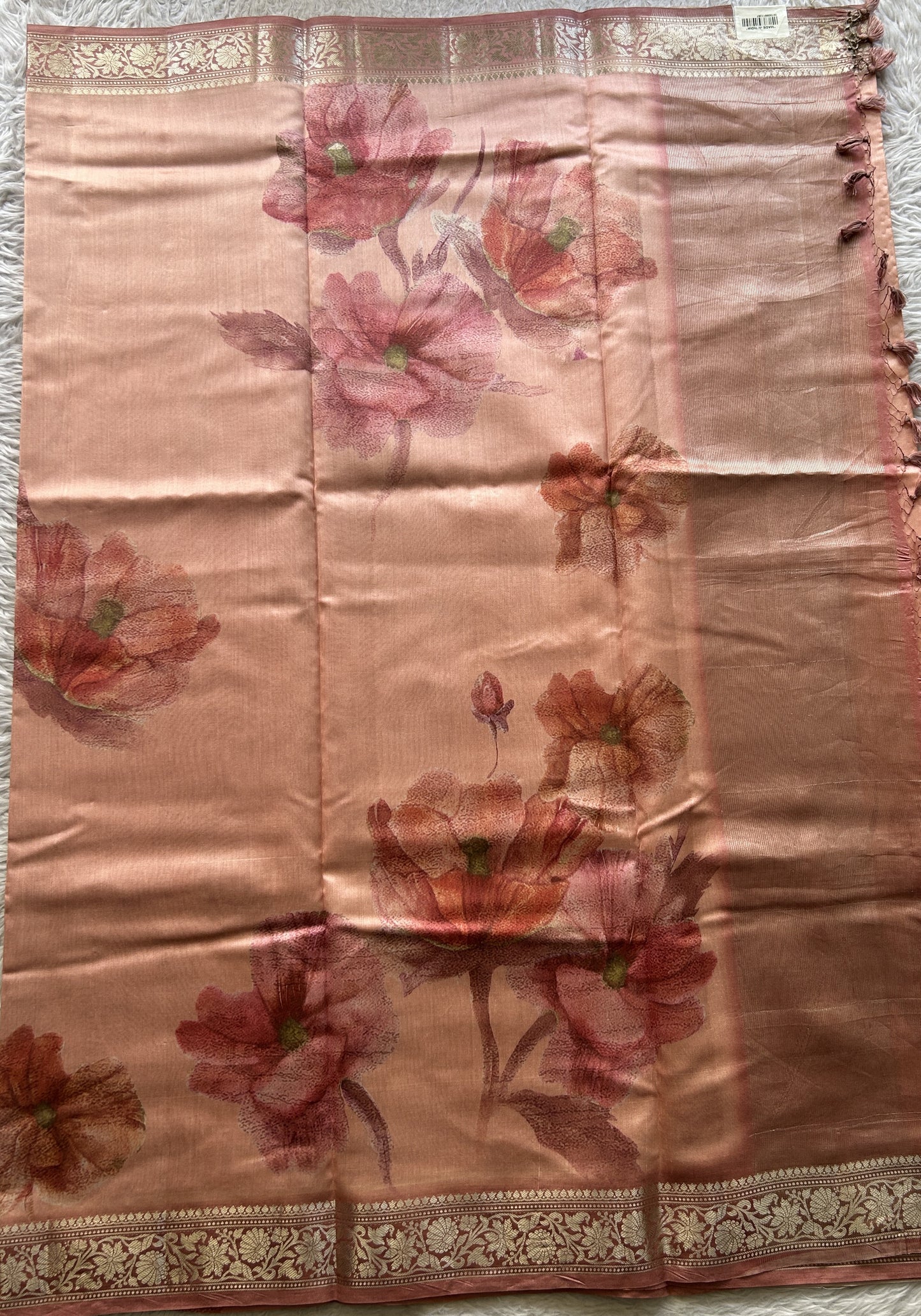 Chiniya Silk Saree Dark Peach Colored Elegantly Paired with a Zari Border. - Sampradaya Designer Studio