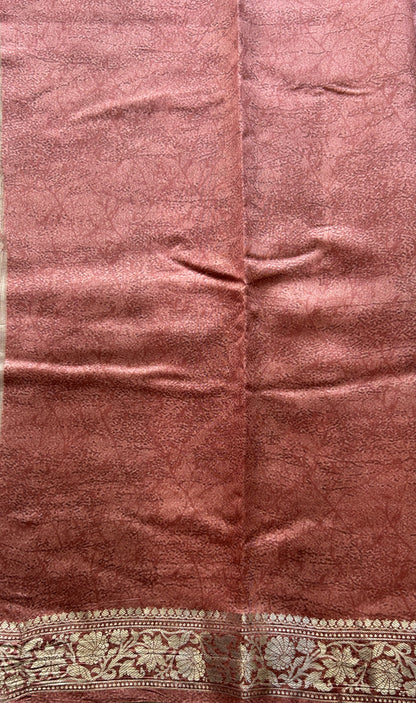 Chiniya Silk Saree Dark Peach Colored Elegantly Paired with a Zari Border. - Sampradaya Designer Studio