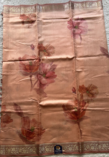 Chiniya Silk Saree Dark Peach Colored Elegantly Paired with a Zari Border. - Sampradaya Designer Studio