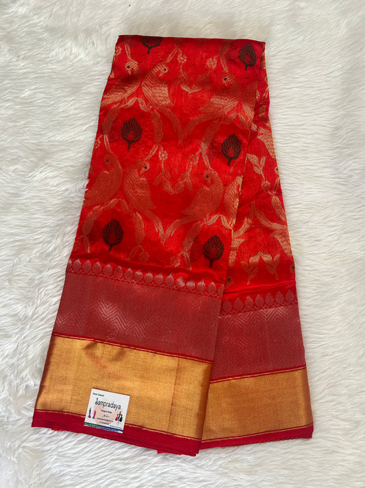 Chanderi Pattu Saree Red colored saree complemented with a Gold Zari Weaving border - Sampradaya Designer Studio