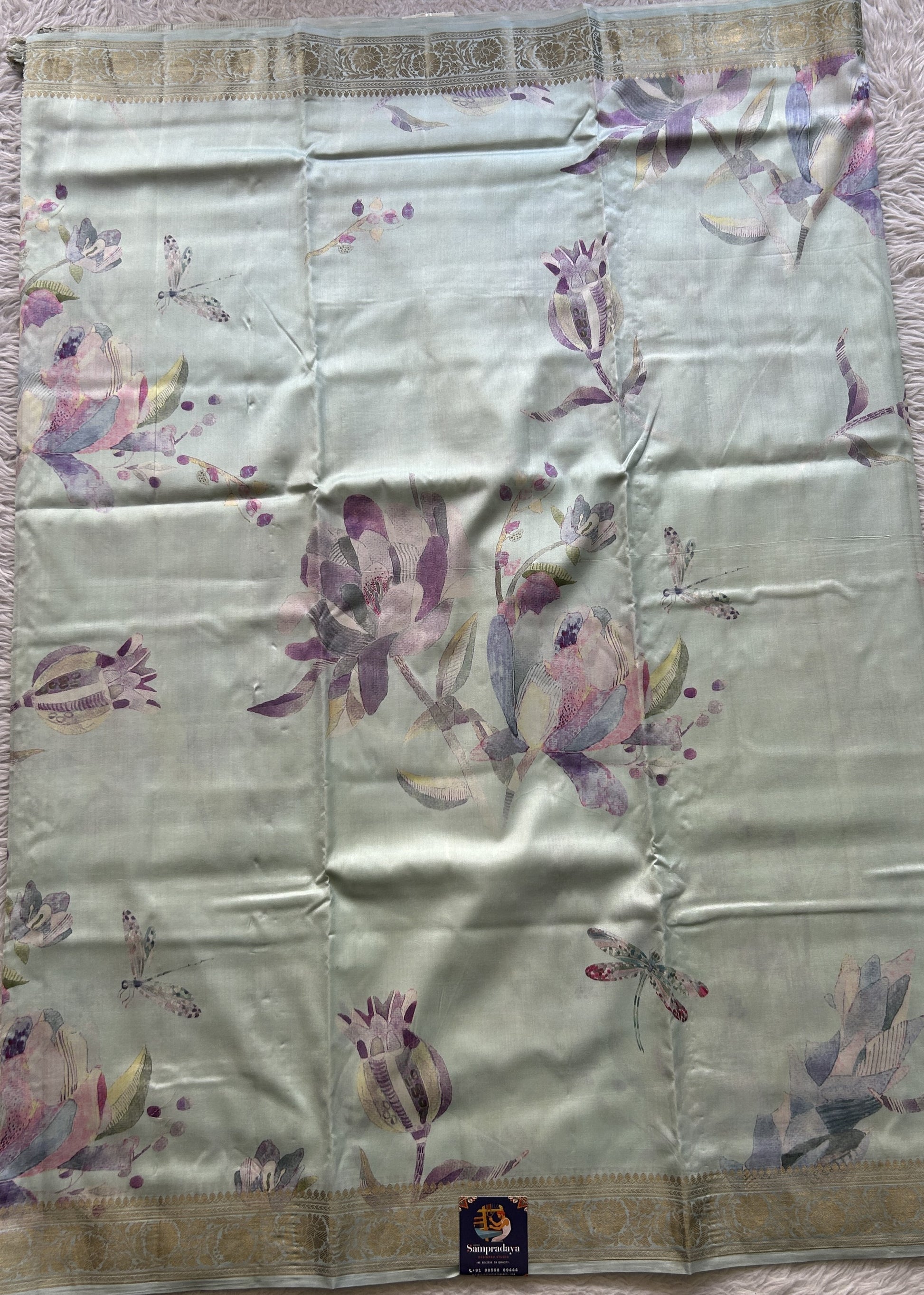Chiniya Silk Saree Light Aero Blue Colored Elegantly Paired with a Zari Border. - Sampradaya Designer Studio