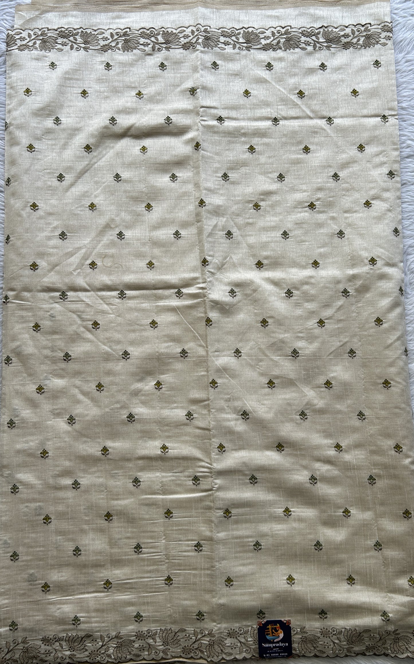 Semi Tussar Saree Off White Colored complemented with a Embroidery Border. - Sampradaya Designer Studio