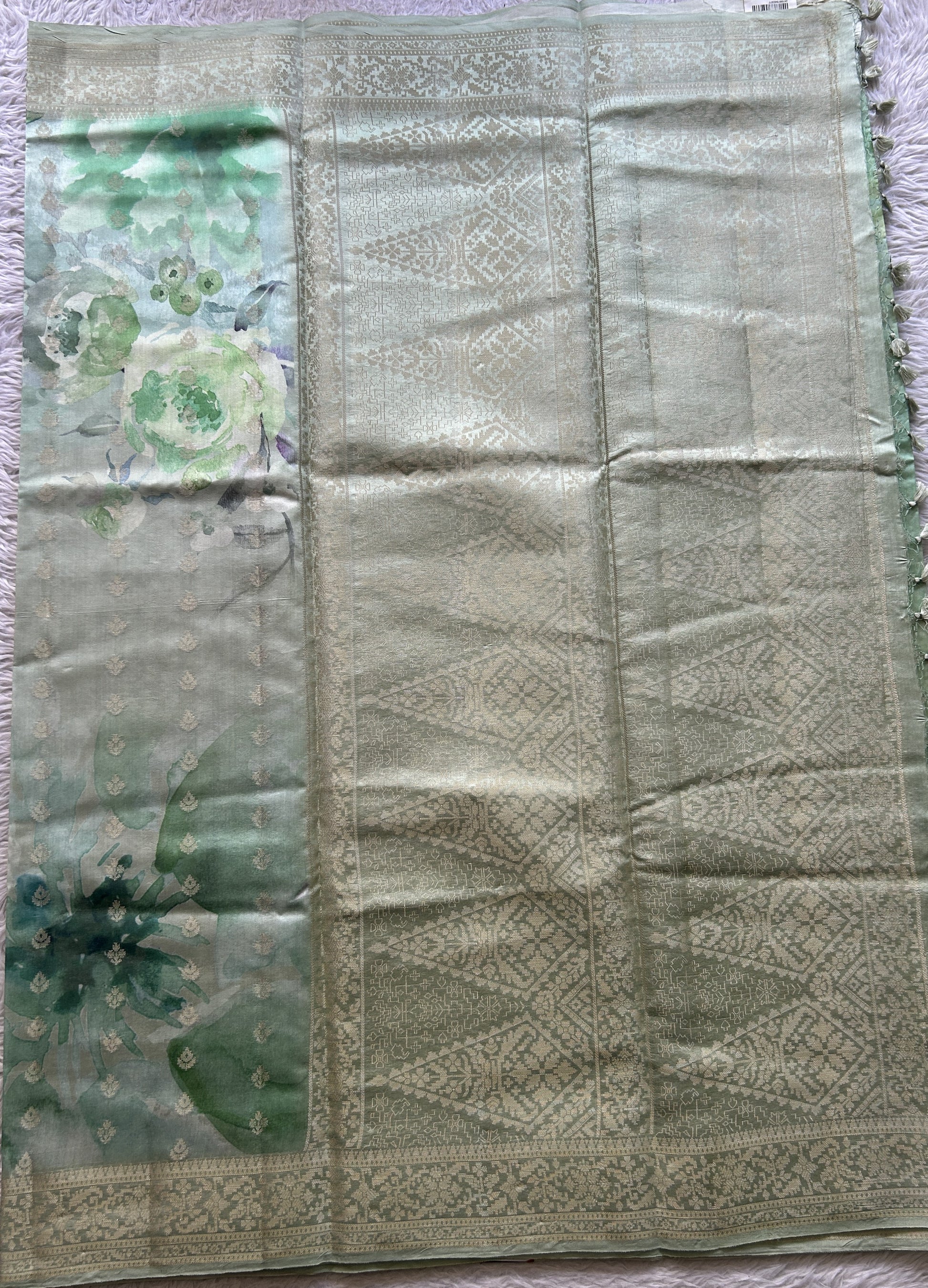 Chiniya Silk Saree Apple Green Colored Elegantly Paired with a Zari Border. - Sampradaya Designer Studio