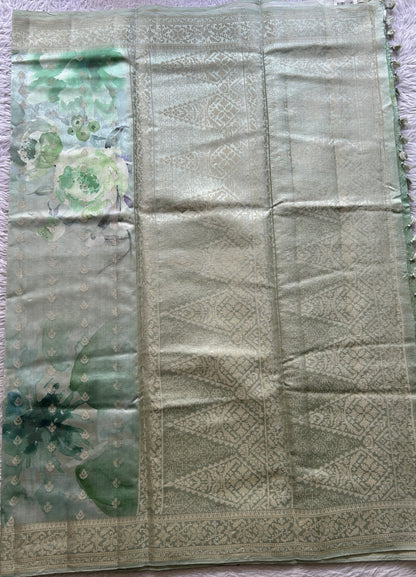 Chiniya Silk Saree Apple Green Colored Elegantly Paired with a Zari Border. - Sampradaya Designer Studio