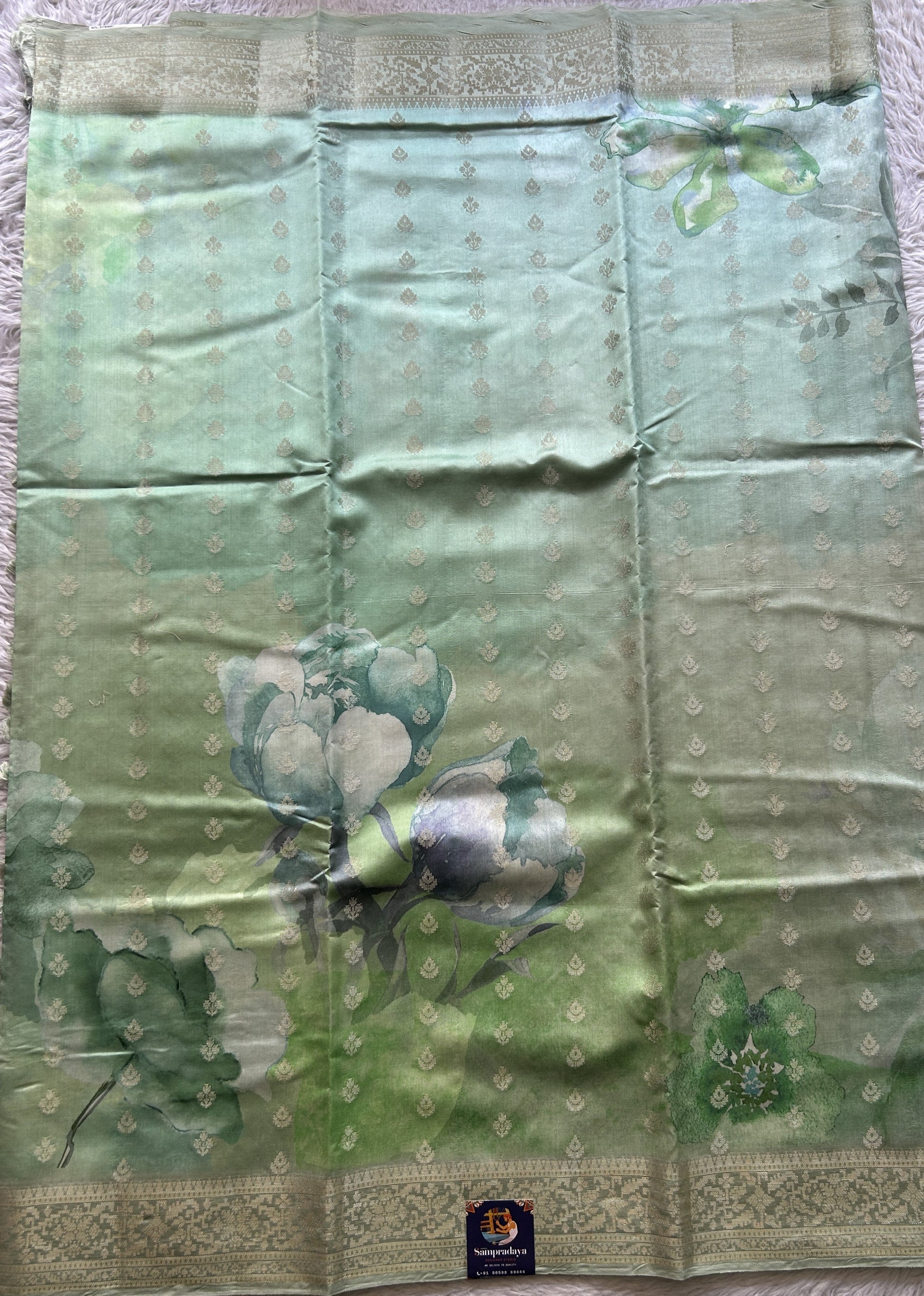 Chiniya Silk Saree Apple Green Colored Elegantly Paired with a Zari Border. - Sampradaya Designer Studio