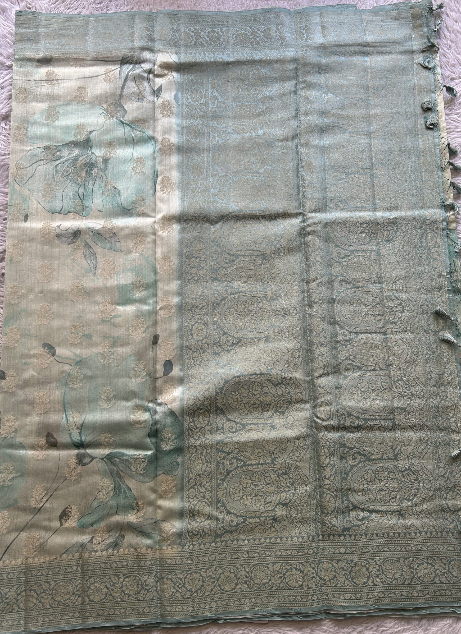 Chiniya Silk Saree Off White Colored Elegantly Paired with a Sea Blue Color Zari Border. - Sampradaya Designer Studio
