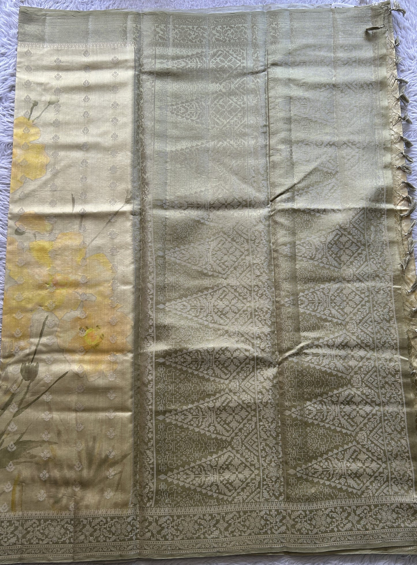 Chiniya Silk Saree Light Yellow Colored Elegantly Paired with a Zari Border. - Sampradaya Designer Studio