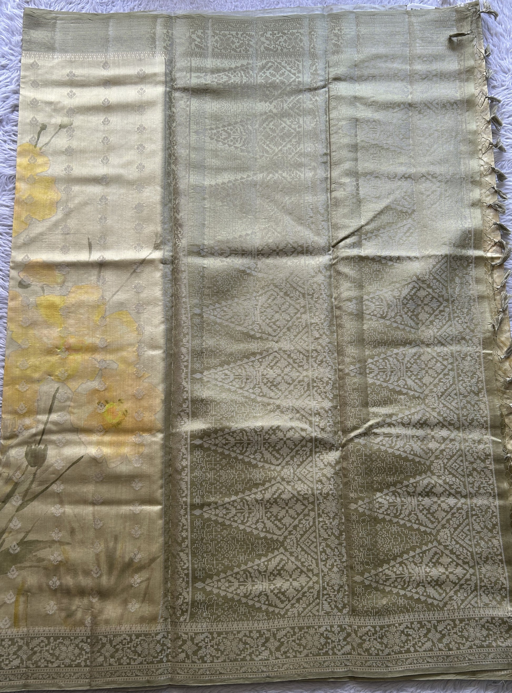 Chiniya Silk Saree Light Yellow Colored Elegantly Paired with a Zari Border. - Sampradaya Designer Studio