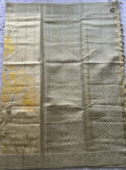 Chiniya Silk Saree Light Yellow Colored Elegantly Paired with a Zari Border. - Sampradaya Designer Studio