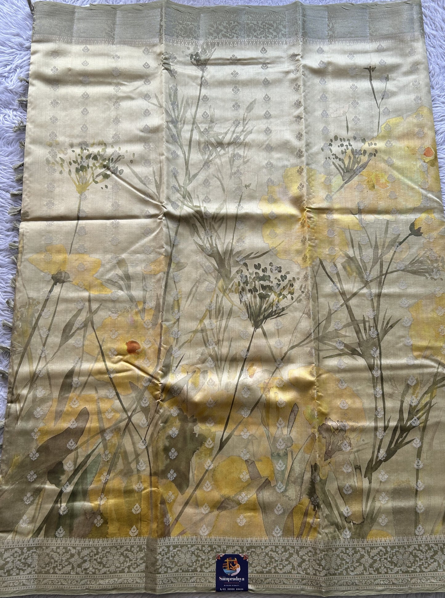 Chiniya Silk Saree Light Yellow Colored Elegantly Paired with a Zari Border. - Sampradaya Designer Studio