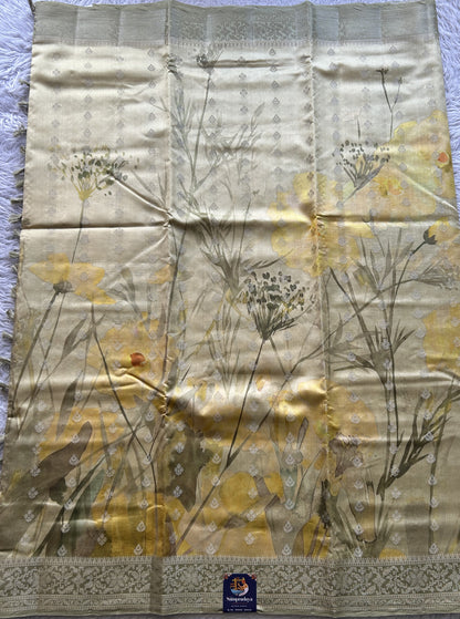 Chiniya Silk Saree Light Yellow Colored Elegantly Paired with a Zari Border. - Sampradaya Designer Studio