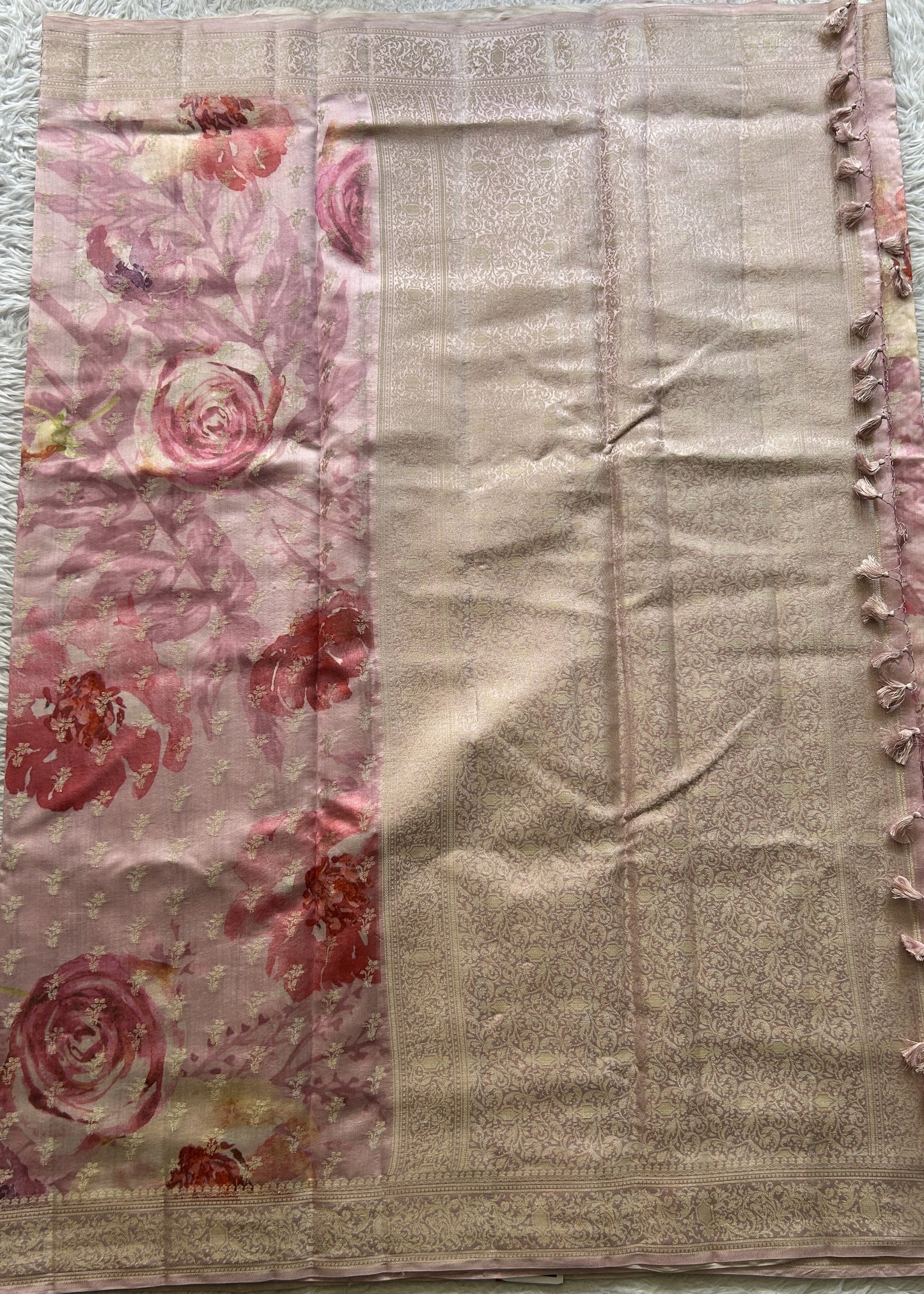 Chiniya Silk Saree Light Pink Colored Elegantly Paired with a Zari Border. - Sampradaya Designer Studio