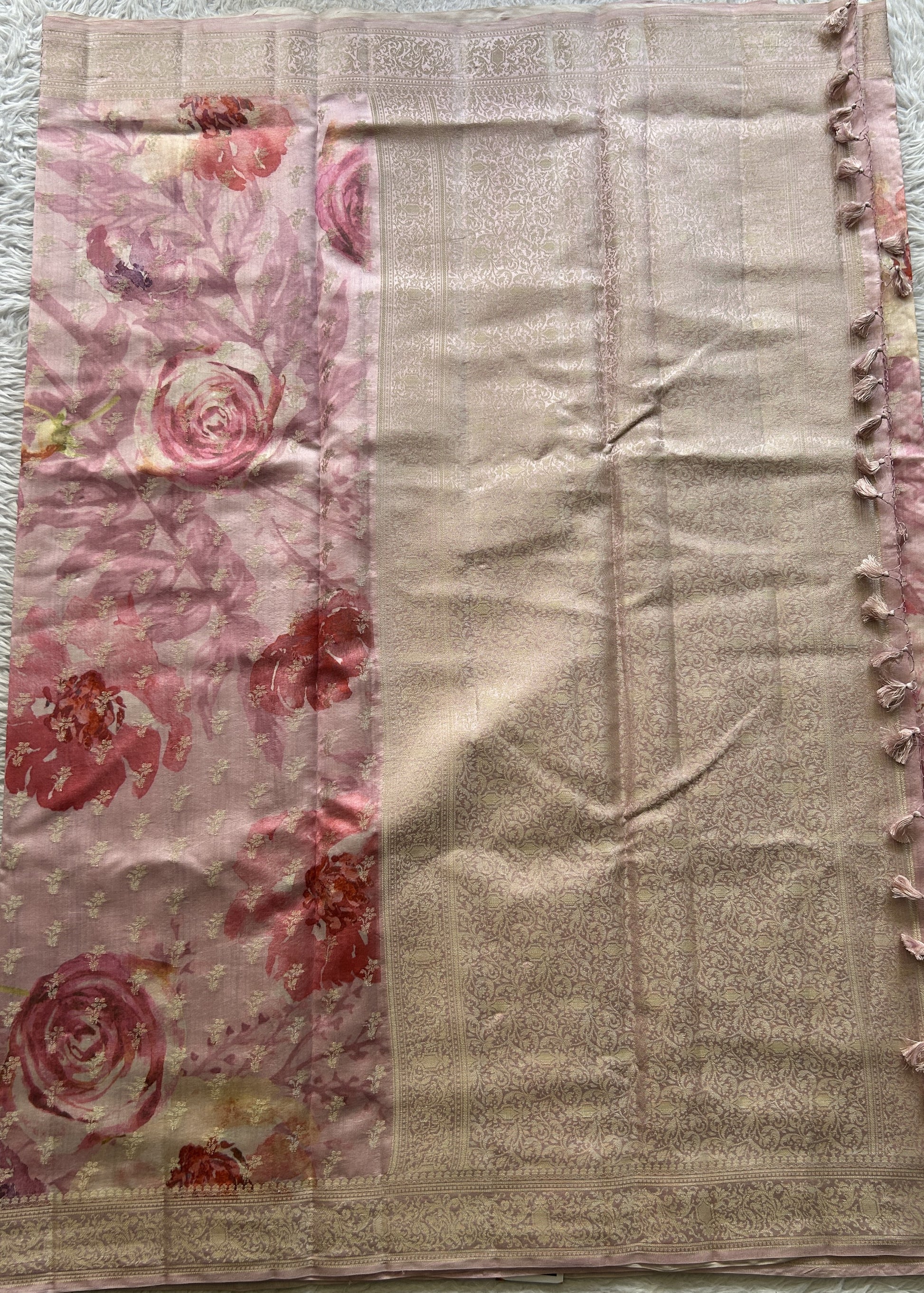 Chiniya Silk Saree Light Pink Colored Elegantly Paired with a Zari Border. - Sampradaya Designer Studio