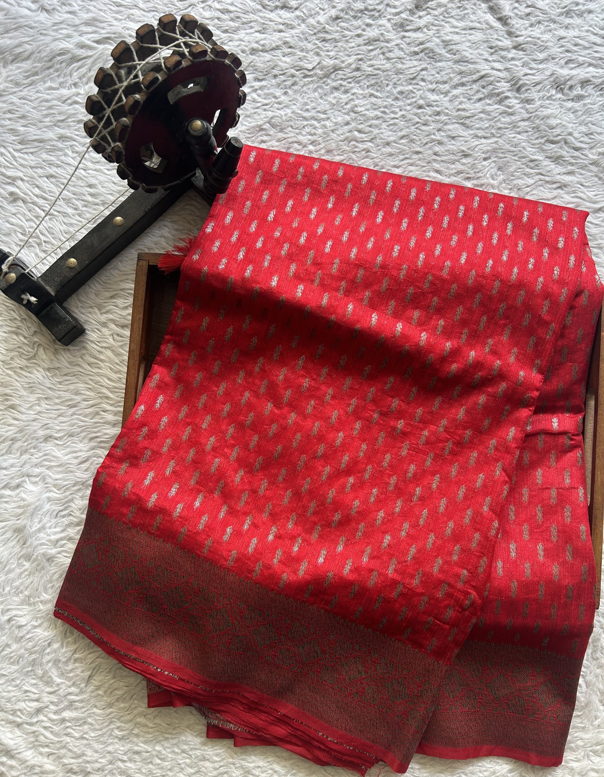 Semi Raw Silk Saree Red Colored Elegantly paired with a Silver Zari Border. - Sampradaya Designer Studio