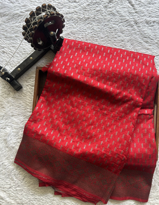 Semi Raw Silk Saree Red Colored Elegantly paired with a Silver Zari Border. - Sampradaya Designer Studio