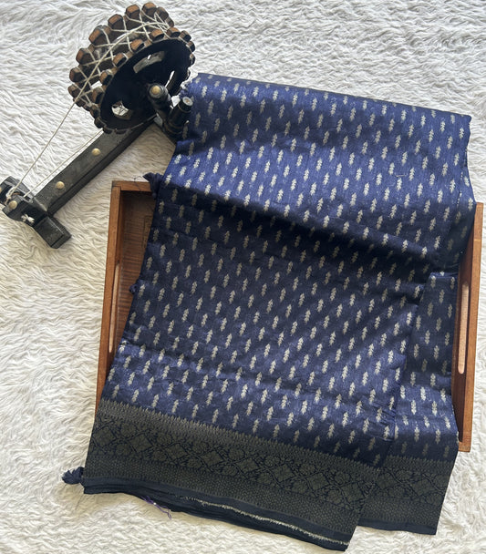 Semi Raw Silk Saree Ink Blue Colored Elegantly paired with a Silver Zari Border. - Sampradaya Designer Studio
