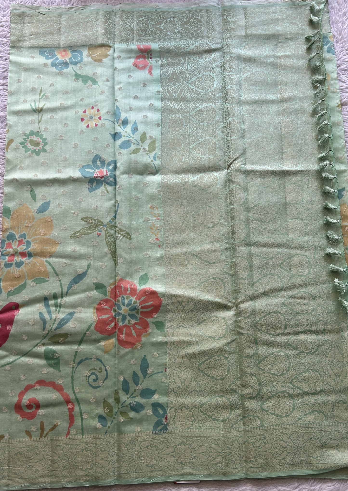 Chiniya Silk Saree Pista Green Colored Elegantly Paired with a Zari Border. - Sampradaya Designer Studio