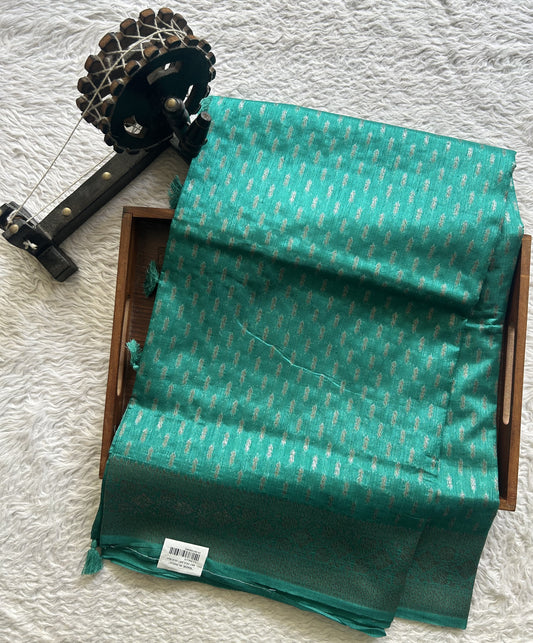 Semi Raw Silk Saree Rama Blue Colored Elegantly paired with a Silver Zari Border. - Sampradaya Designer Studio