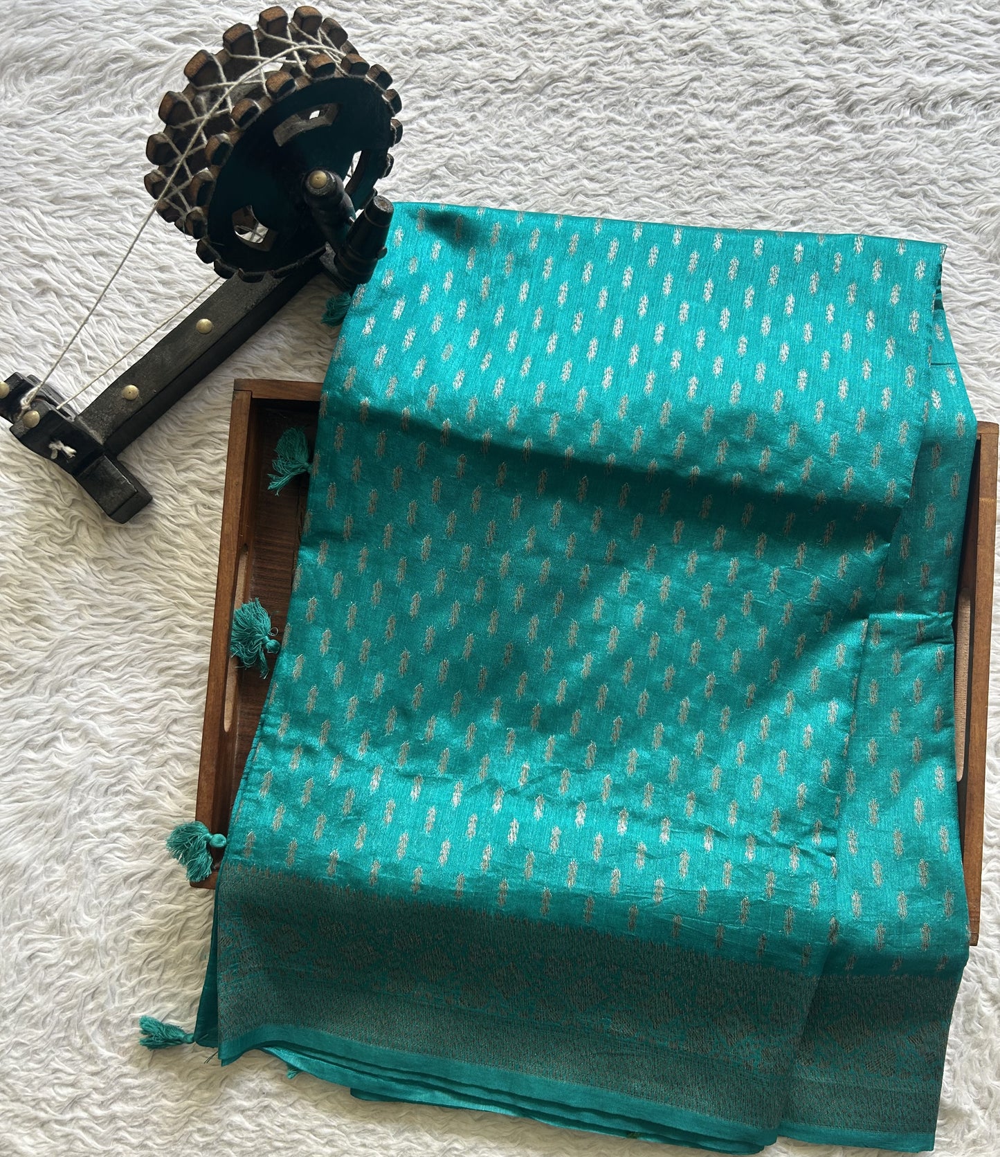 Semi Raw Silk Saree Teal Blue Colored Elegantly paired with a Silver Zari Border. - Sampradaya Designer Studio