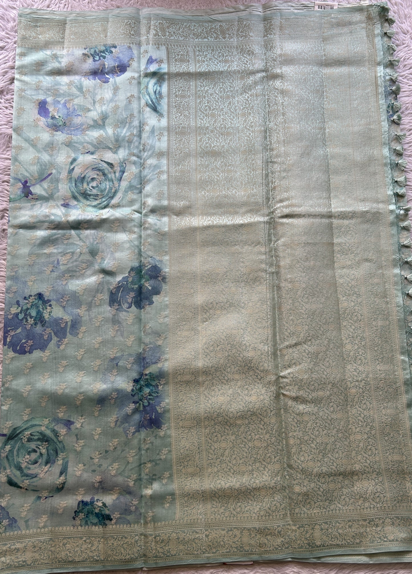 Chiniya Silk Saree Light Sea Blue Colored Elegantly Paired with a Zari Border. - Sampradaya Designer Studio
