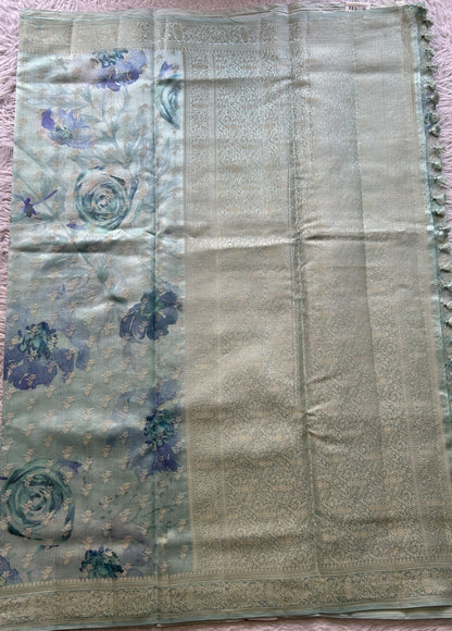 Chiniya Silk Saree Light Sea Blue Colored Elegantly Paired with a Zari Border. - Sampradaya Designer Studio