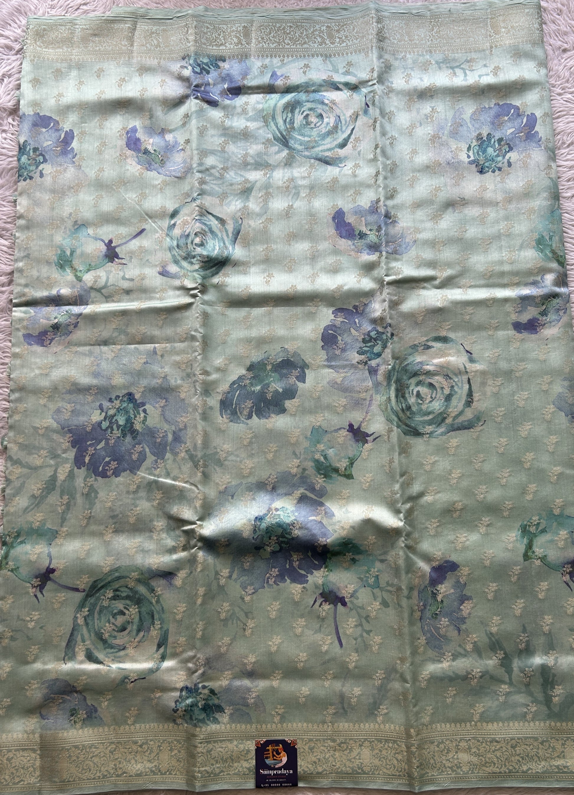 Chiniya Silk Saree Light Sea Blue Colored Elegantly Paired with a Zari Border. - Sampradaya Designer Studio