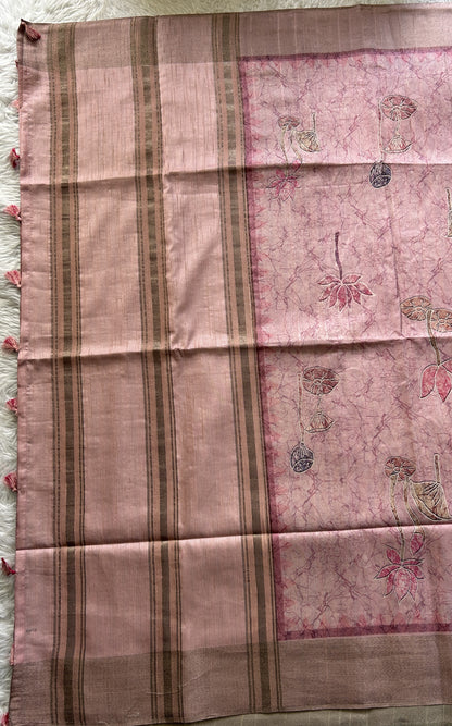Semi Tussar Saree Baby Pink Colored complemented with a Zari Border. - Sampradaya Designer Studio