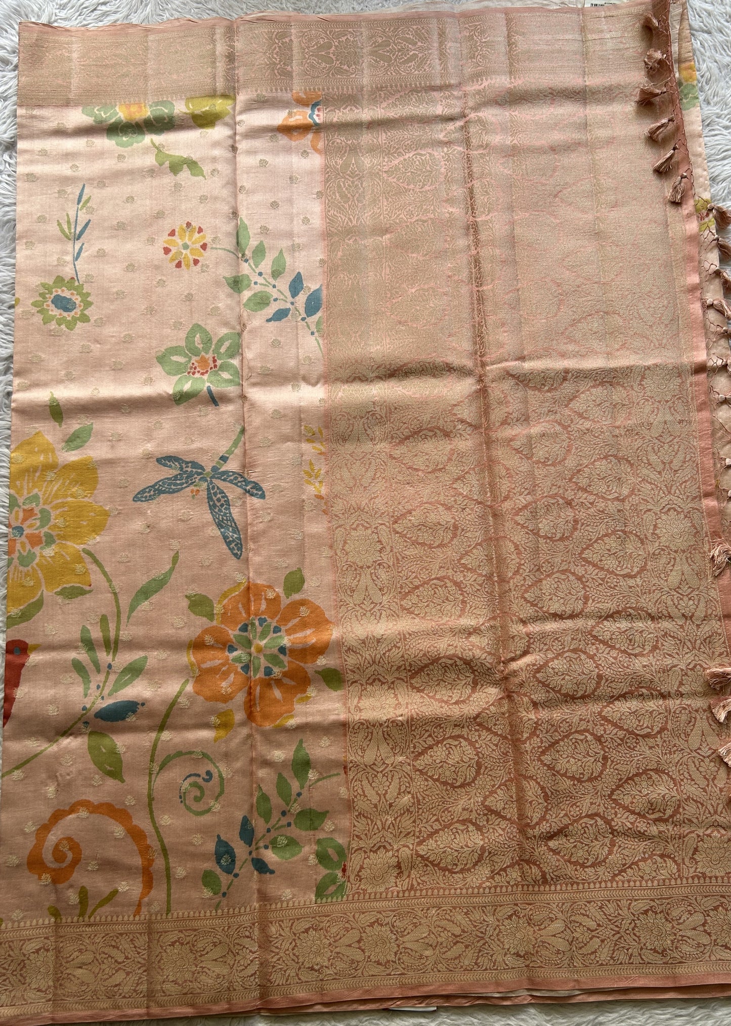 Chiniya Silk Saree Light Peach Colored Elegantly Paired with a Zari Border. - Sampradaya Designer Studio