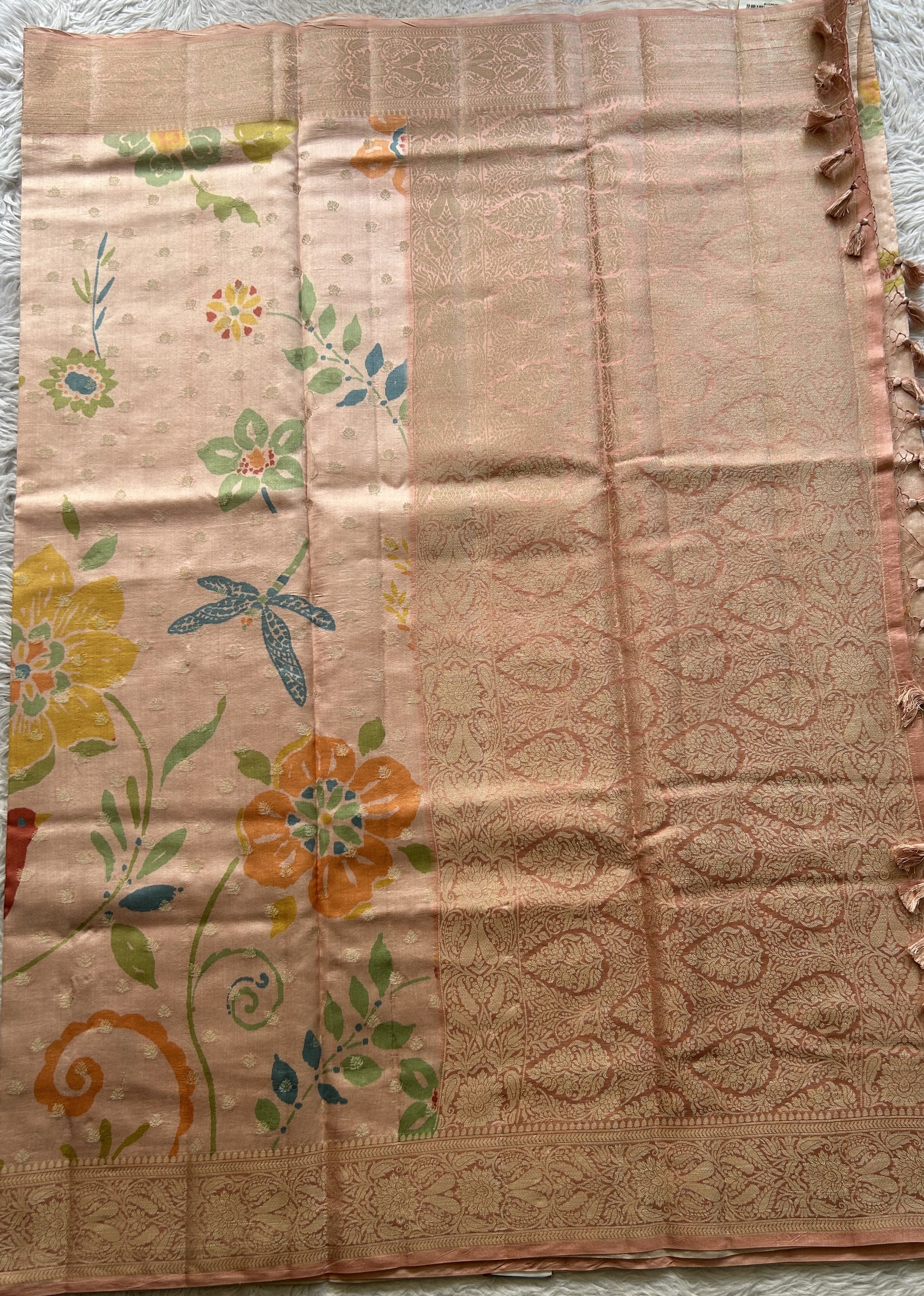 Chiniya Silk Saree Light Peach Colored Elegantly Paired with a Zari Border. - Sampradaya Designer Studio