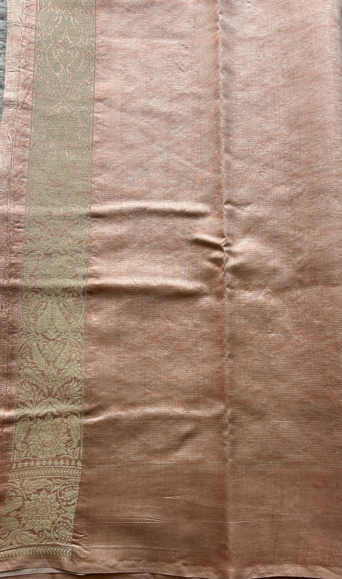Chiniya Silk Saree Light Peach Colored Elegantly Paired with a Zari Border. - Sampradaya Designer Studio