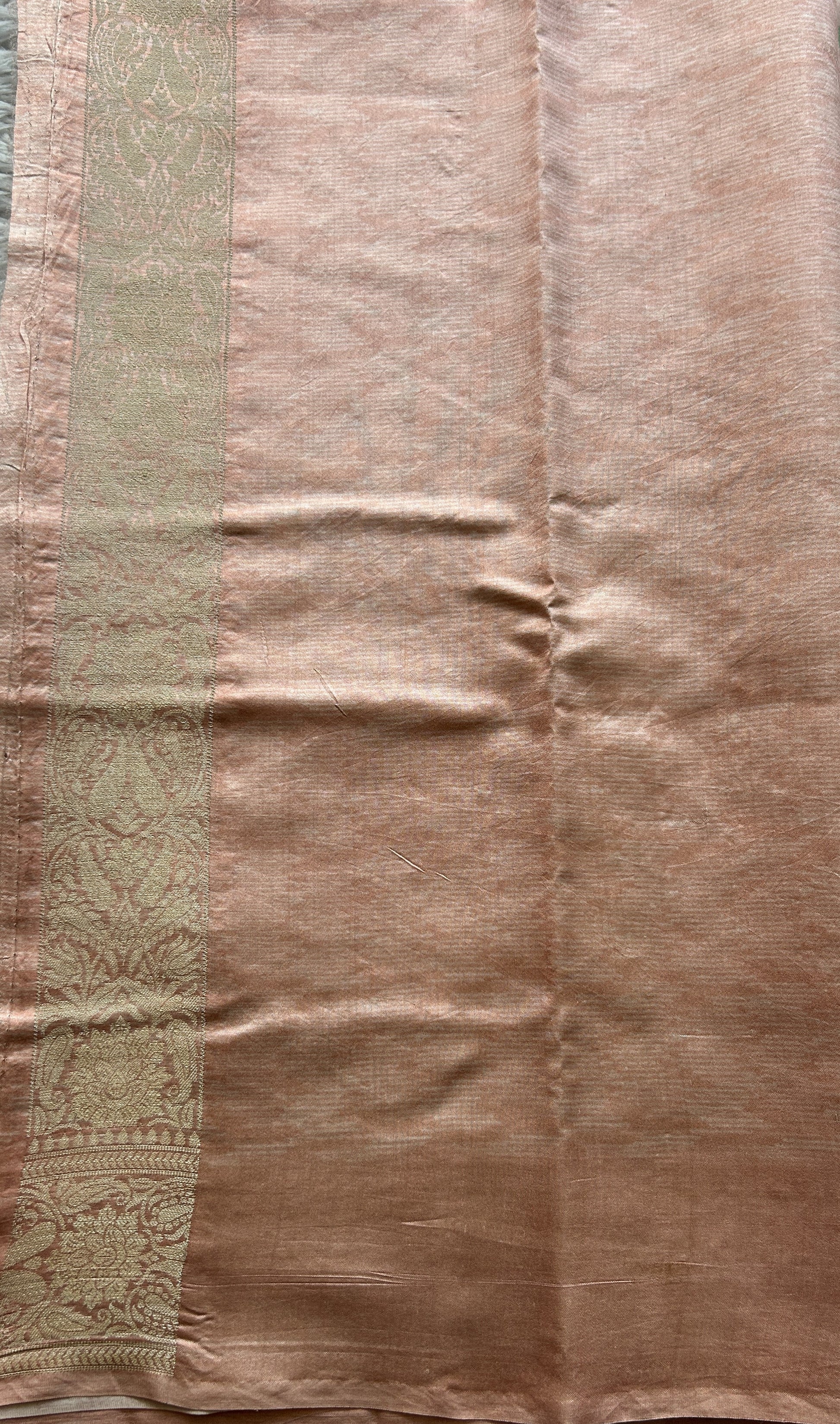 Chiniya Silk Saree Light Peach Colored Elegantly Paired with a Zari Border. - Sampradaya Designer Studio