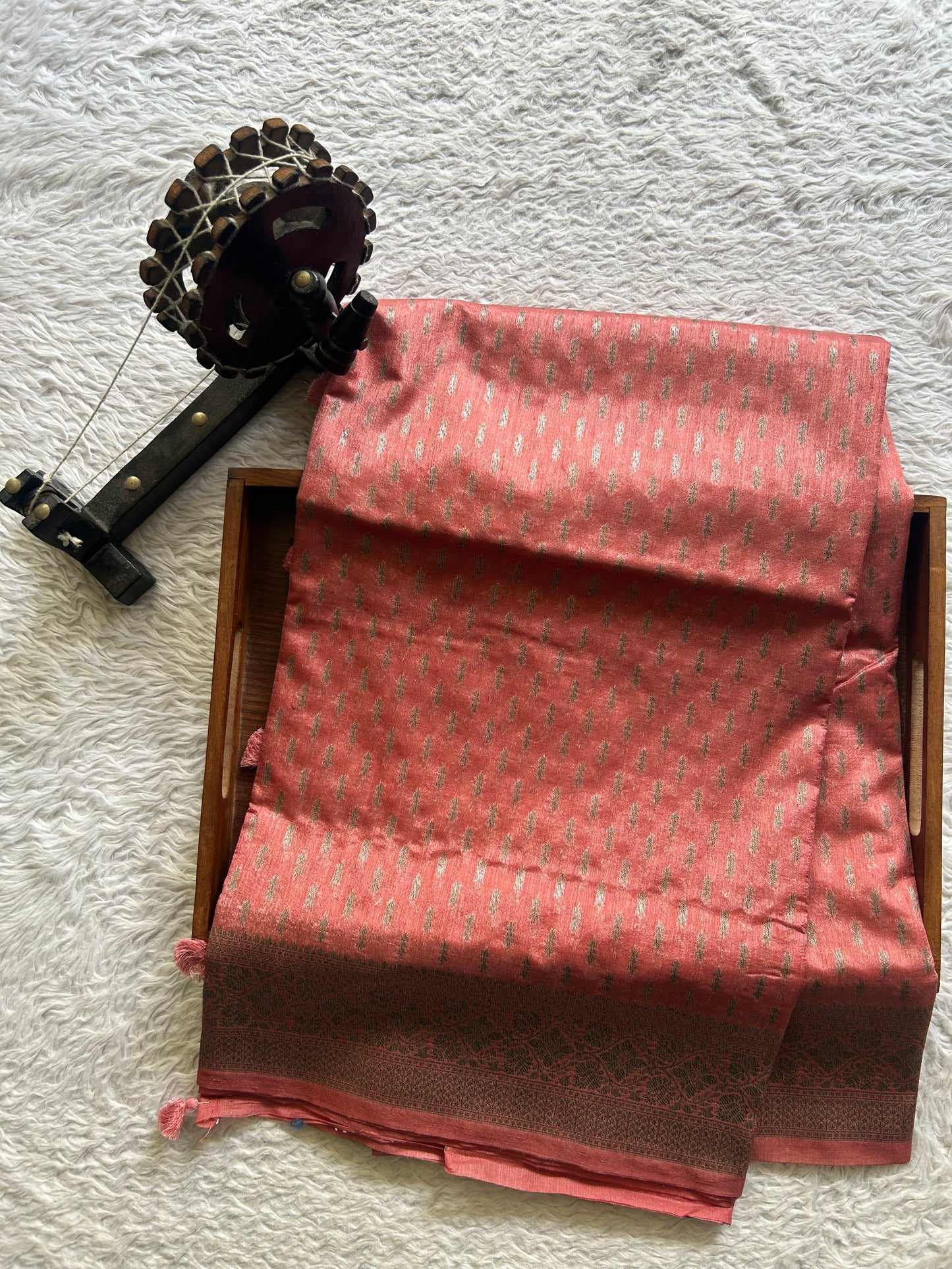 Semi Raw Silk Saree Baby Pink Colored Elegantly paired with a Silver Zari Border. - Sampradaya Designer Studio