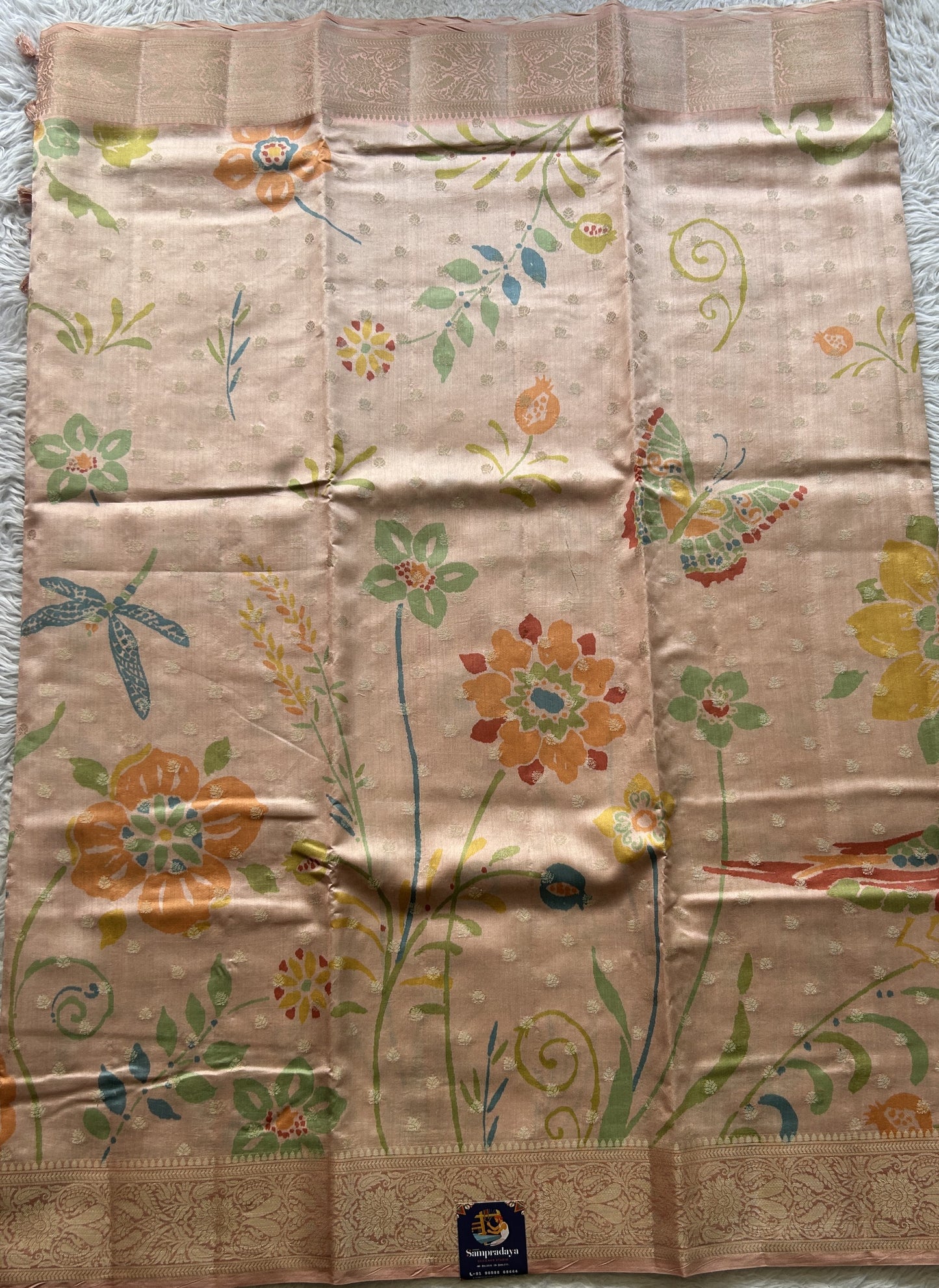 Chiniya Silk Saree Light Peach Colored Elegantly Paired with a Zari Border. - Sampradaya Designer Studio