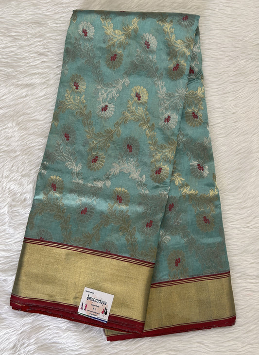 Chanderi Pattu Saree Turquoise Blue colored saree complemented with a Red Color Gold Zari Weaving border - Sampradaya Designer Studio